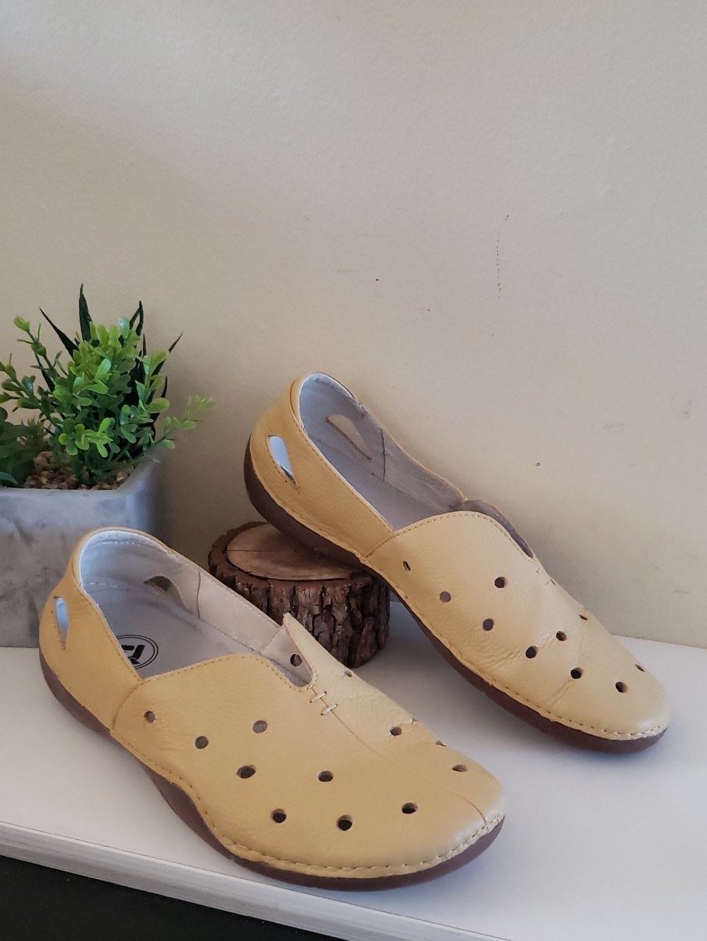 PROPET Perforated Leather Slip Ons - Light Yellow/Beige Color - 8 Wide